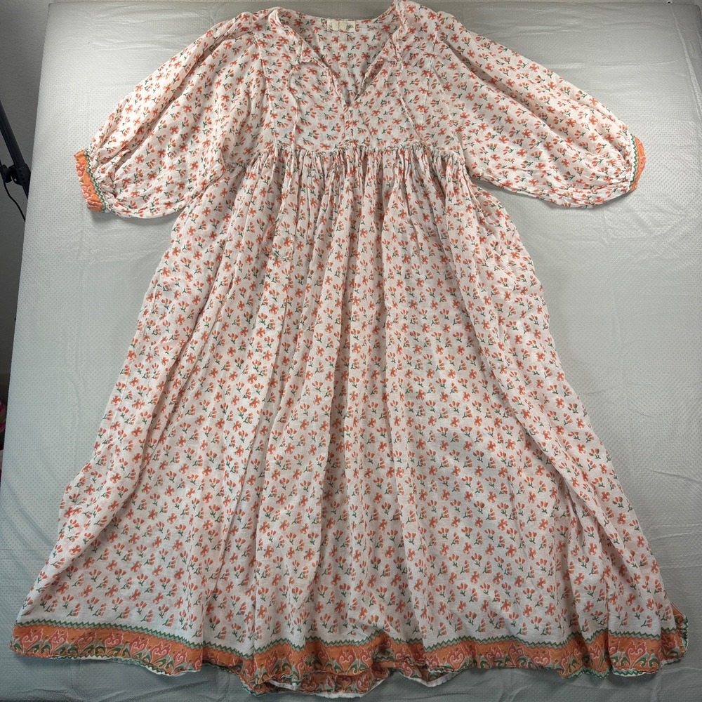 Daughters of India Large Floral Block Print Midi Dress Orange White Boho Cottage
